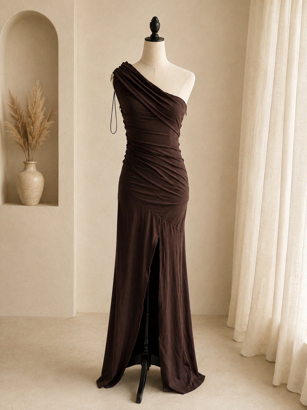 Showpo One-Shoulder Maxikleid Braun – Drapiert – Gr. 36