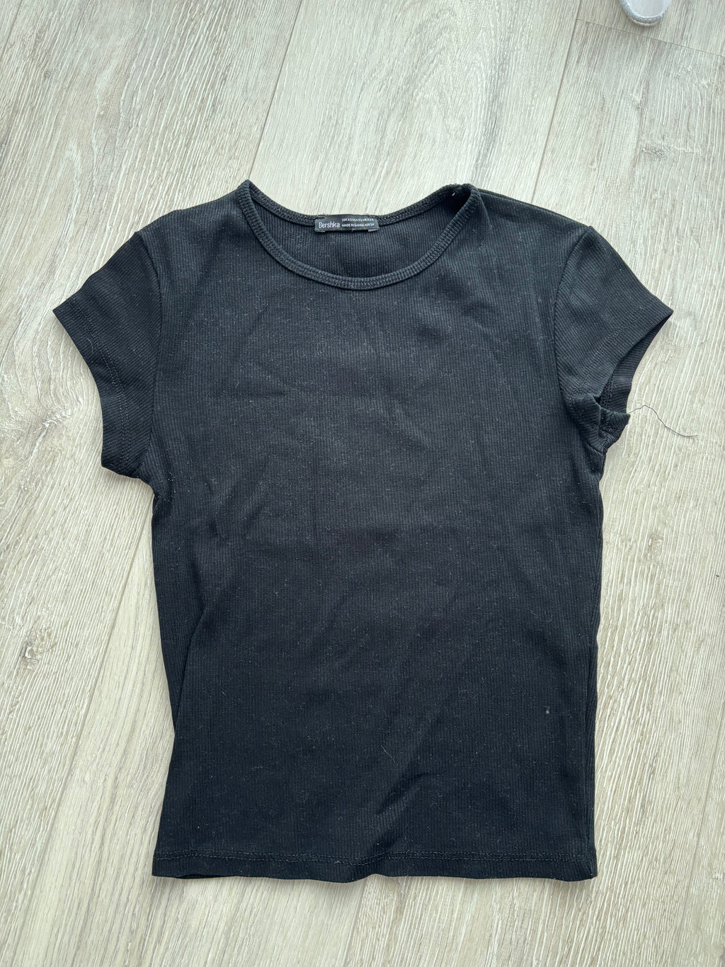 Bershka Basic Rib T-Shirt Schwarz Damen Gr. XS Kurzarm