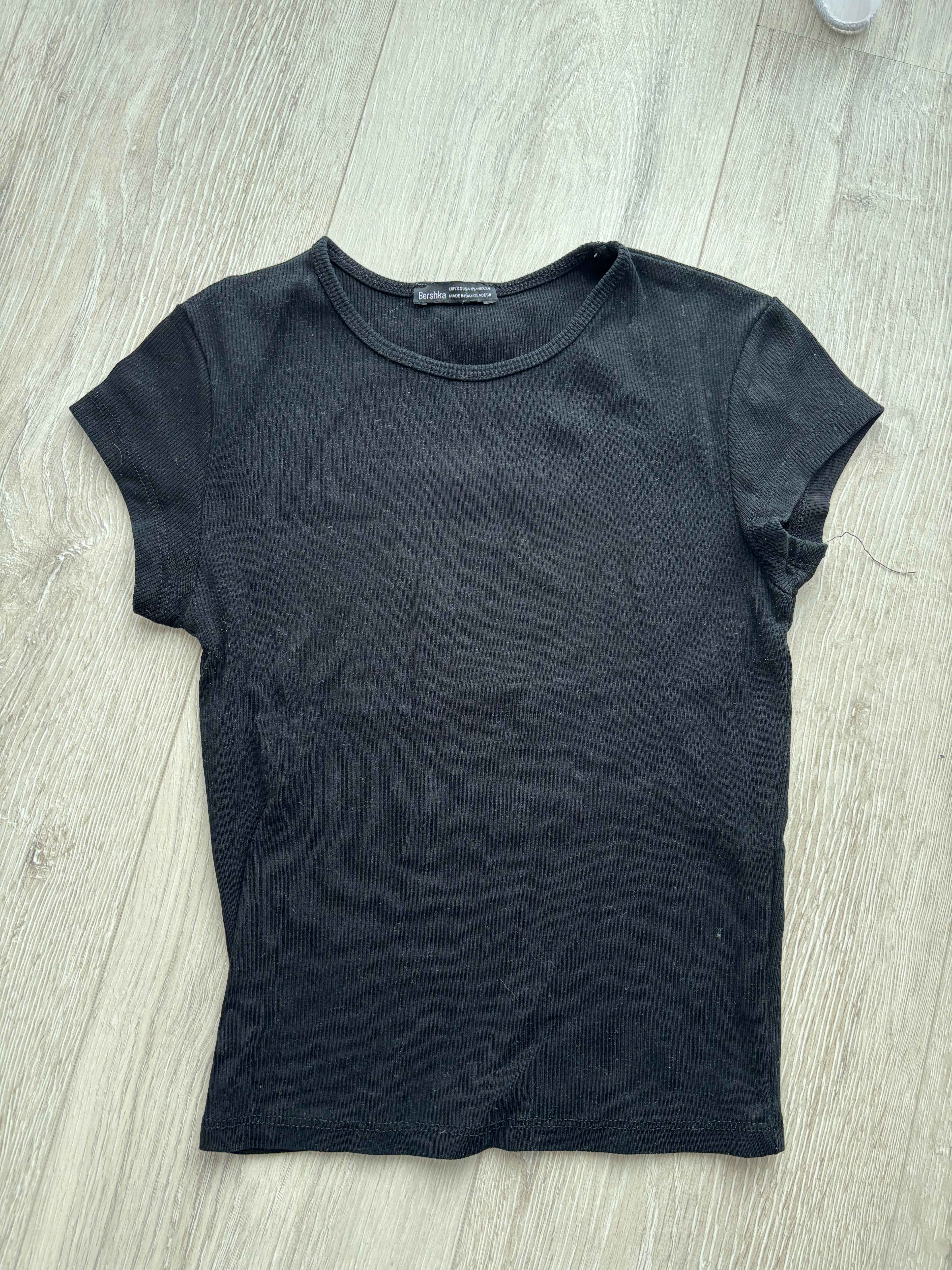 Bershka Basic Rib T-Shirt Schwarz Damen Gr. XS Kurzarm