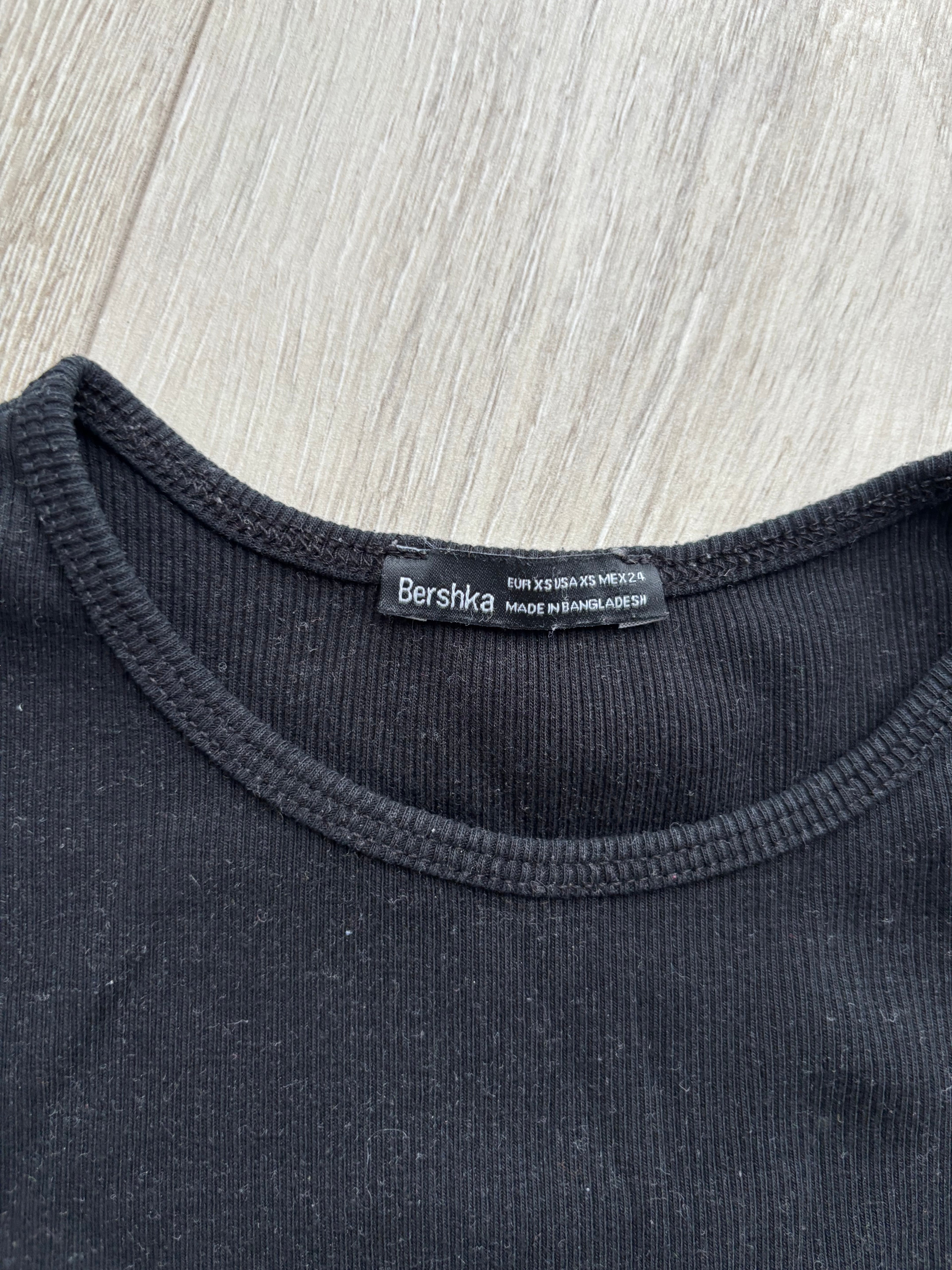 Bershka Basic Rib T-Shirt Schwarz Damen Gr. XS Kurzarm