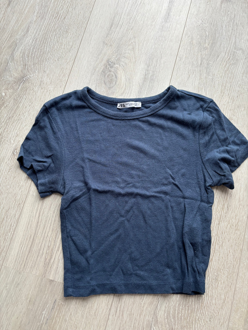 ZARA Damen Basic Crop T-Shirt Dunkelblau Kurzarm Gr. S