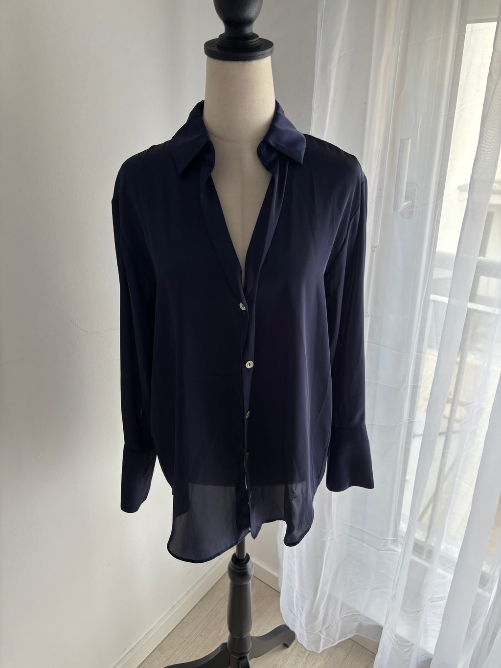 ZARA Damen Chiffonbluse Dunkelblau Elegant Langarm Gr. S