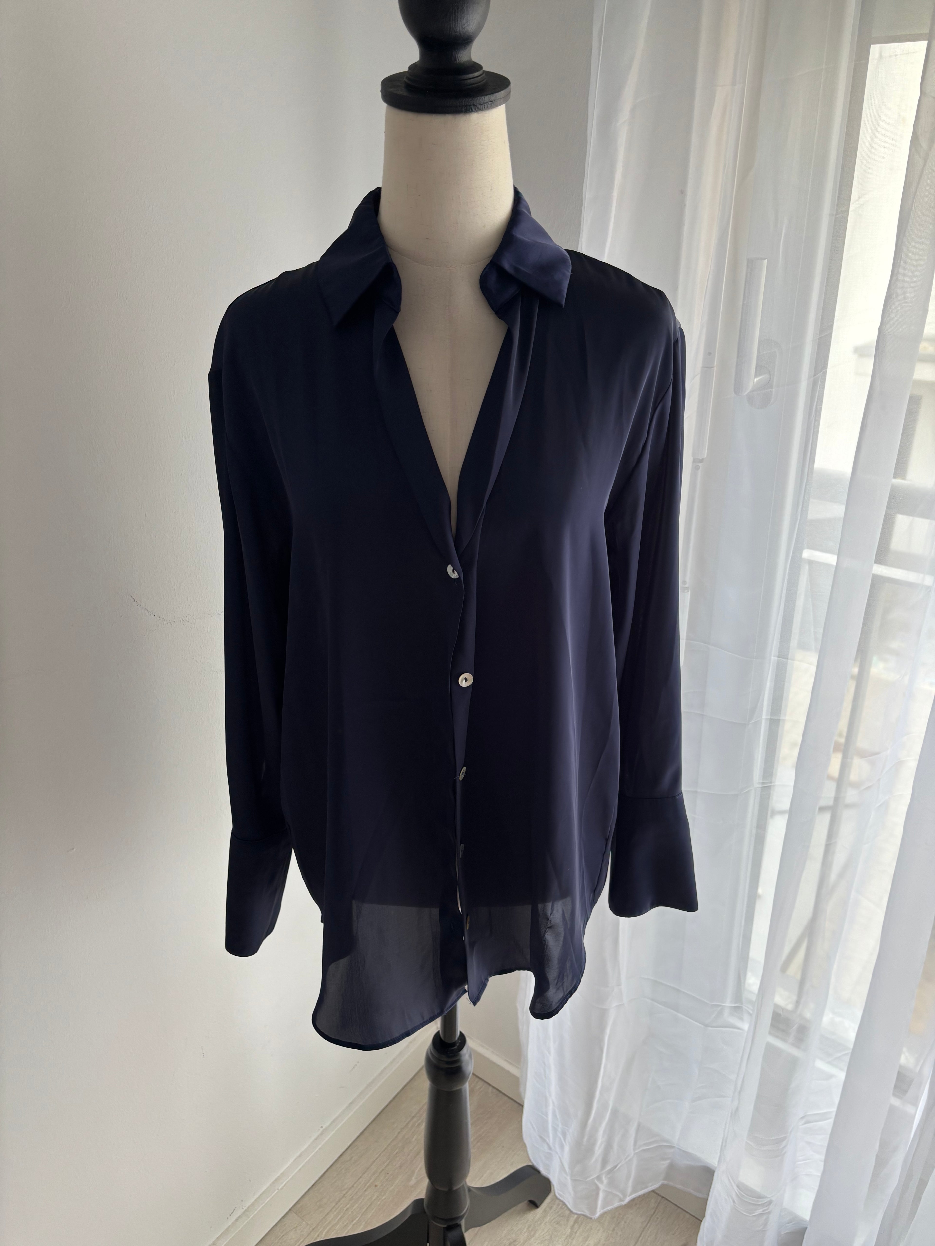 ZARA Damen Chiffonbluse Dunkelblau Elegant Langarm Gr. S