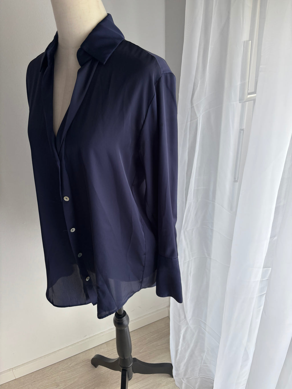 ZARA Damen Chiffonbluse Dunkelblau Elegant Langarm Gr. S