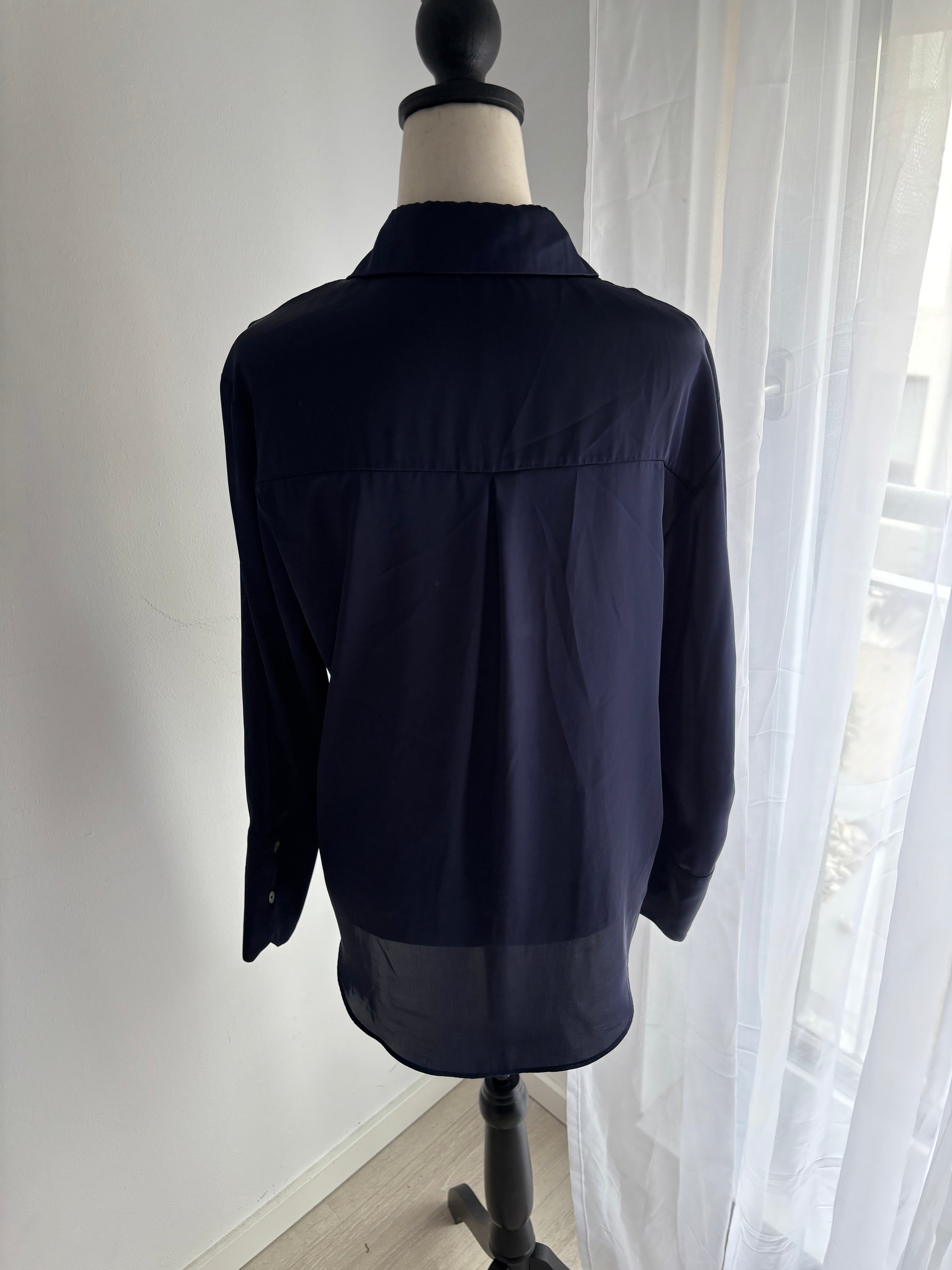 ZARA Damen Chiffonbluse Dunkelblau Elegant Langarm Gr. S